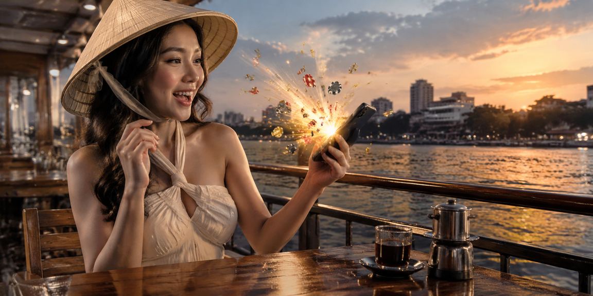 Người dùng tại Hà Nội đội nón lá và trải nghiệm casino trực tuyến trên điện thoại di động